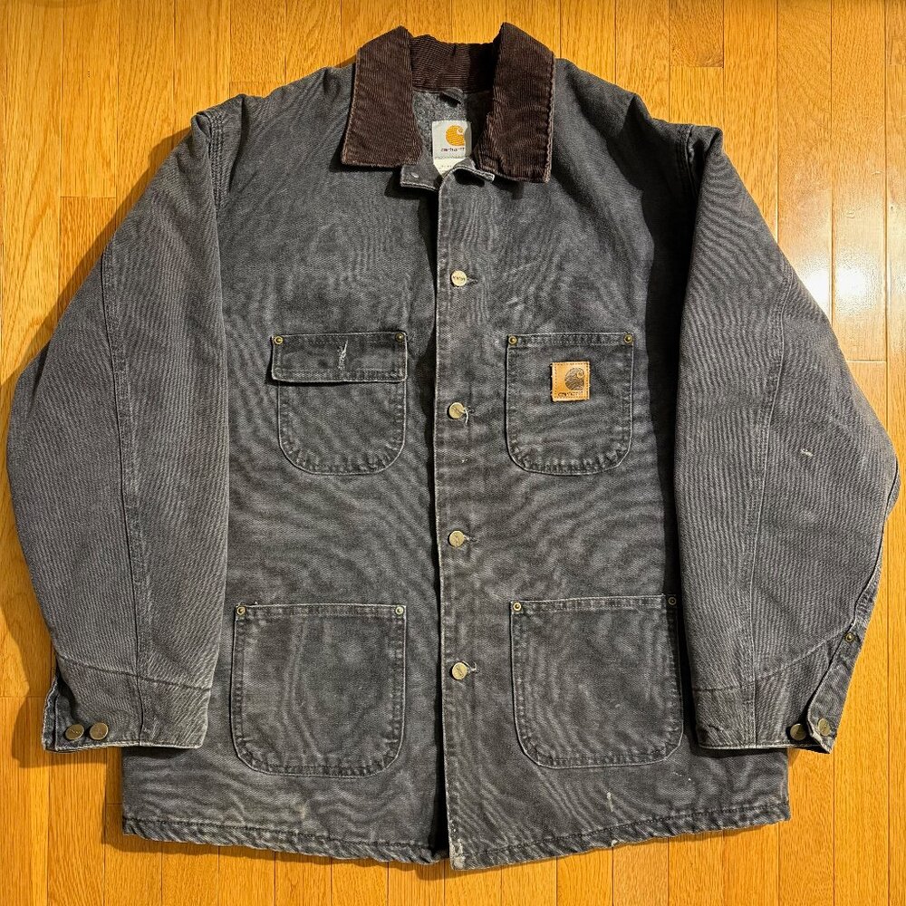 Sold:Vintage Carhartt C02 PTL Blanket-Lined Grey Canvas Workwear Chore Coat SZ L